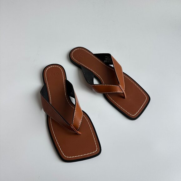 Zara Brown Square Toe Sandals - Picture 1 of 4